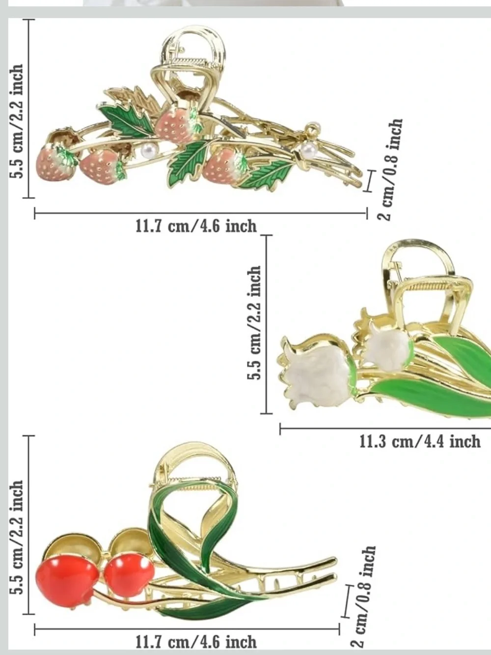 Anthropologie Gold-Tone Strawberry & Floral Brooch Trio - Green, Pink, Red
